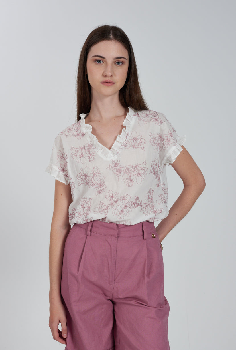 Camicia donna scollo a V fiori ricamati YES ZEE
