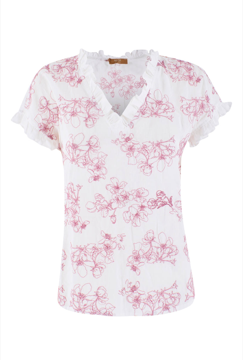 Camicia donna scollo a V fiori ricamati YES ZEE